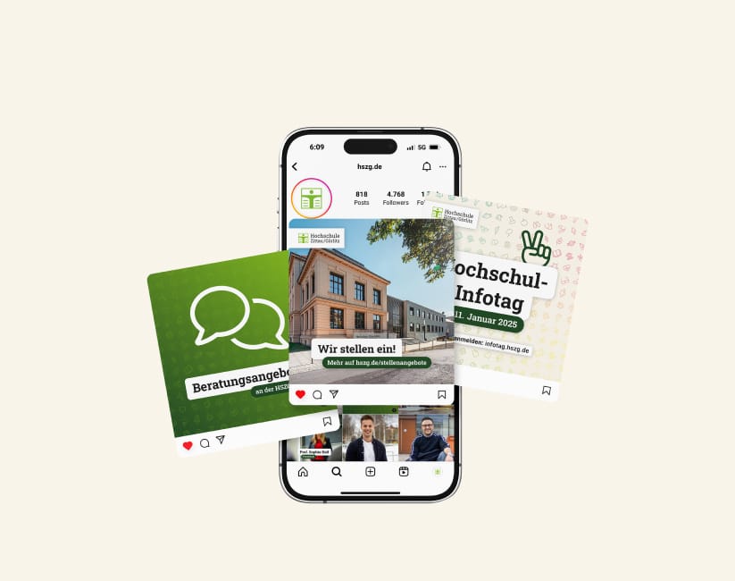 Social Media Posts der HSZG im neuen Corporate Design – Instagram-Beiträge mit Icons und Campusmotiven