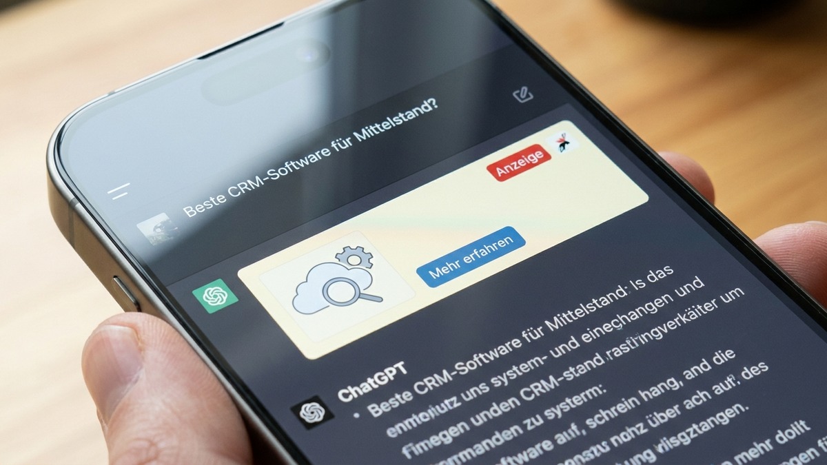 Smartphone-Macro: ChatGPT-App mit eingeschobener Sponsored-Anzeige zwischen User-Frage und KI-Antwort.