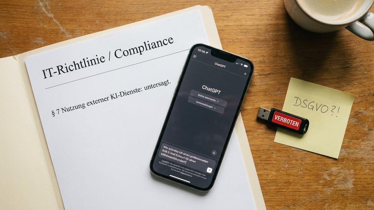 Editorial-Stillleben: IT-Richtlinie verbietet externe KI-Dienste, Smartphone mit ChatGPT-App darauf, USB-Stick mit VERBOTEN-Sticker.
