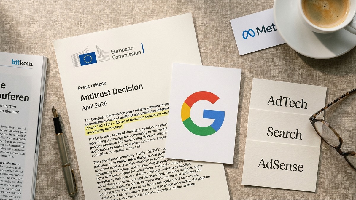EU Google AdTech Sanktion Cover Editorial-Still-Life: EU-Kommissions-Press-Release Antitrust Decision April 2026 mit Google-Logo, Meta-Karte und AdTech/Search/AdSense-Index-Cards.