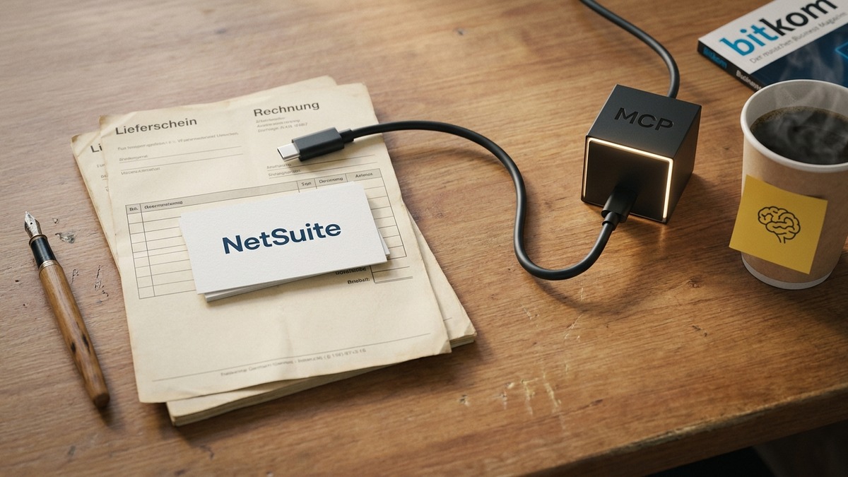 Editorial-Stillleben: Lieferschein und Rechnung mit NetSuite-Karte werden via USB-C-Kabel mit einem MCP-Connector-Würfel verbunden, daneben Bitkom-Magazin und Coffee.