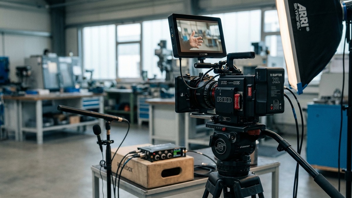 Recruiting-Videos im Mittelstand: Warum die meisten wie Imagefilme aussehen — und wie man echte Bewerber gewinnt 3 Behind-the-Scenes: RED V-RAPTOR XL mit SmallHD-Field-Monitor in einer Mittelstands-Werkstatt, ARRI SkyPanel S60-C, Sennheiser-Boom-Mic, Sound-Devices-Recorder, O Connor-Tripod.