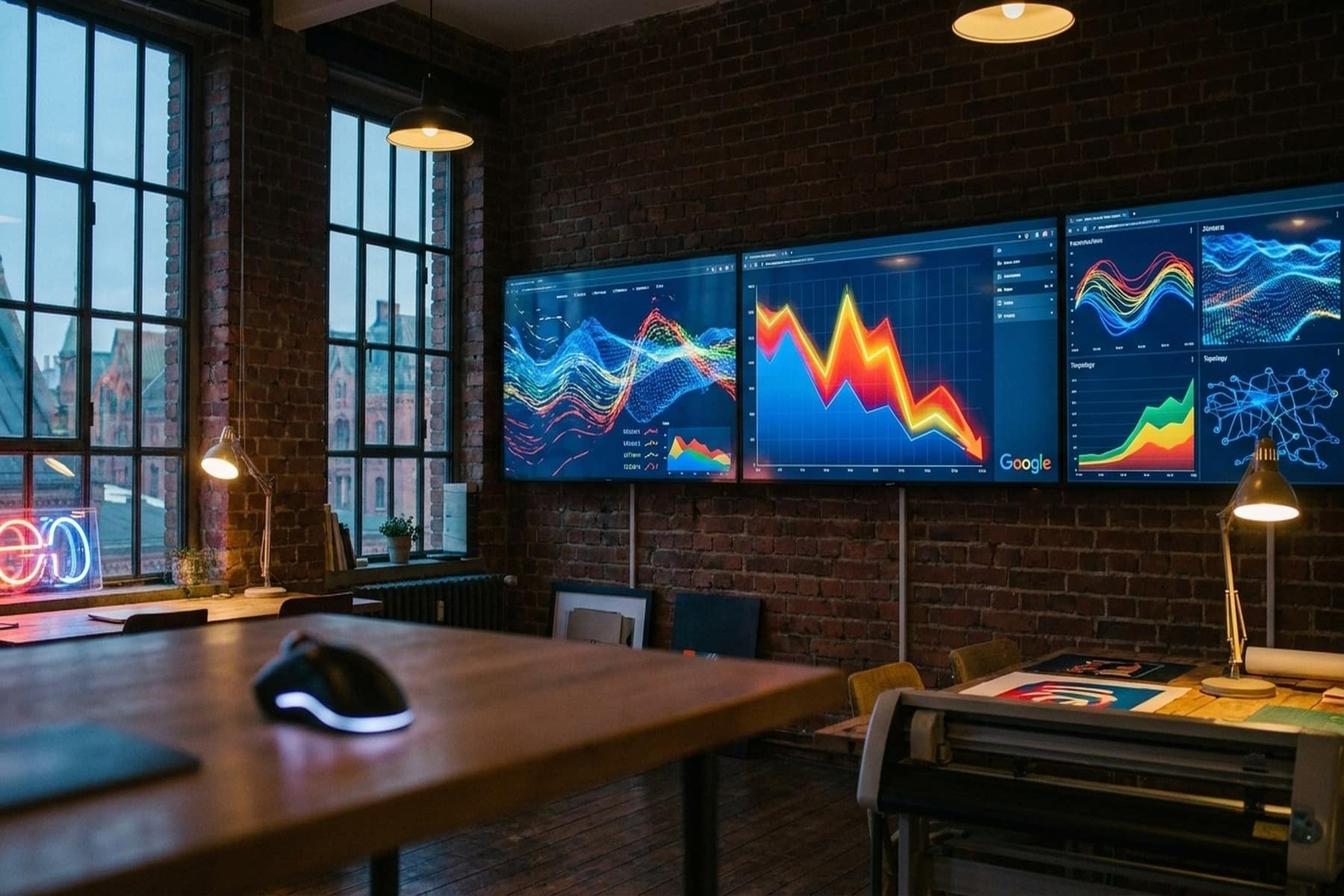 Google Search Console Performance-Report mit korrigierten Impressionen 2026 — drei Monitore in einem Berliner Agentur-Loft, mittlerer Bildschirm zeigt deutlichen Abwärtstrend in Google-Farben