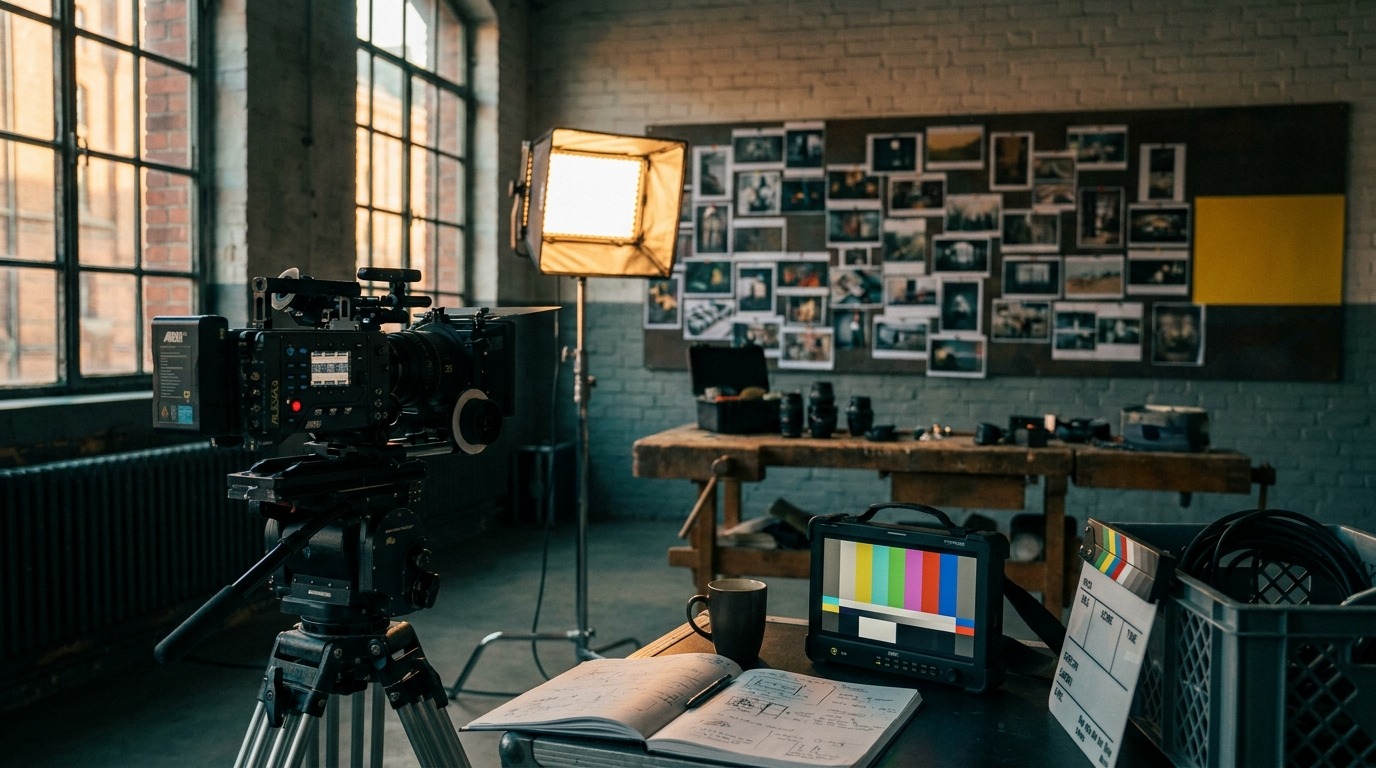 KI-Imagefilm oder echter Imagefilm? Was der Mittelstand 2026 wählen sollte 1 Hamburg Film-Set zwischen den Takes: ARRI ALEXA 35 mit Director's-Notebook, Color-Bar-Monitor und Reference-Print-Wall — Imagefilm-Craft als Gegenpol zu KI-Video 2026