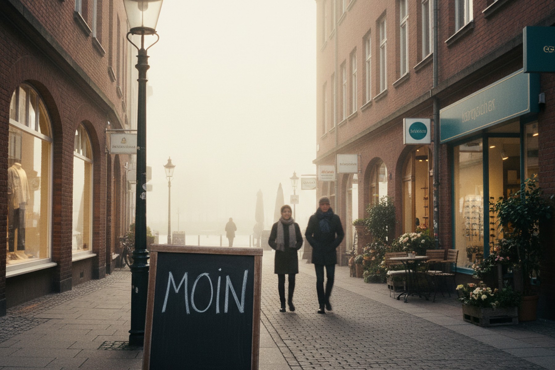 Hamburger Schanzenviertel-Strau00dfe mit MOIN-Tafel an unabhu00e4ngigen Geschu00e4ften u2014 Symbolbild fu00fcr lokales Marketing in Hamburg