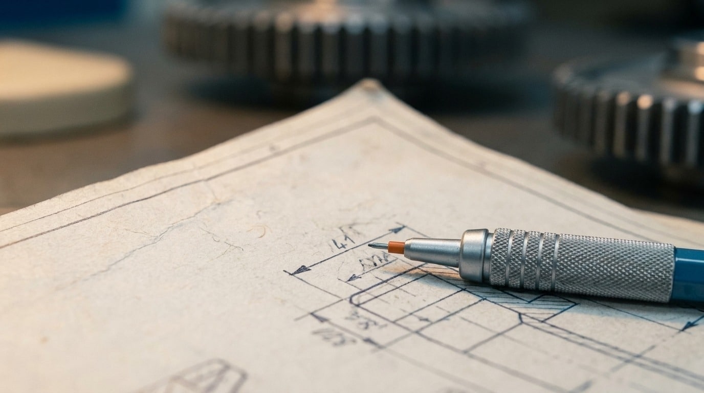 Marketing-Automation-Stack 2026 — sieben Bausteine als technische Bauzeichnung mit Präzisionsstift und Zahnrädern