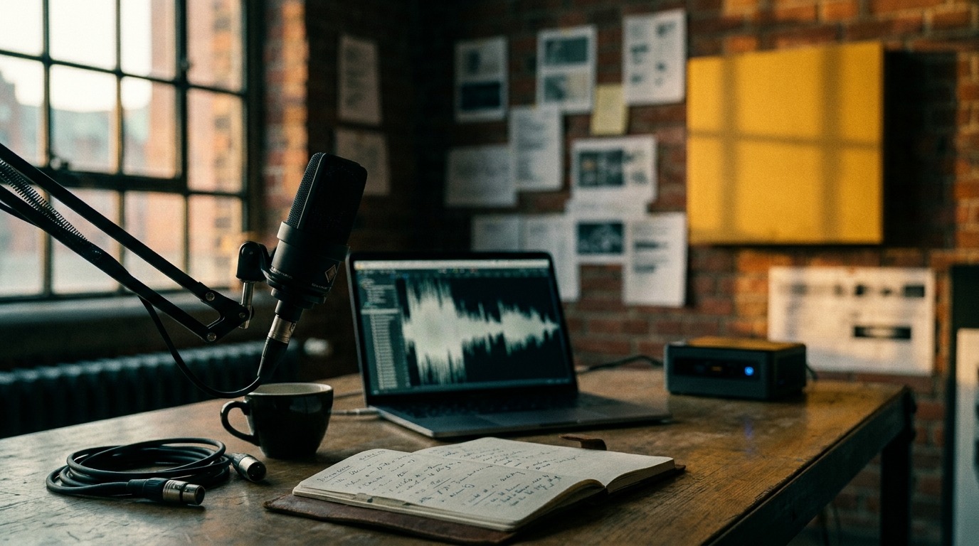 Studio-Kondensator-Mikrofon und offenes MacBook Pro mit Audio-Waveform — lokale KI-Transkription ohne Cloud